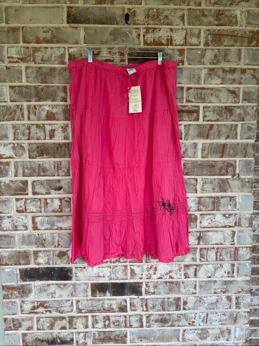 White Stag Hot Pink Tiered 100% Cotton Midi Skirt with Embroidered Accent